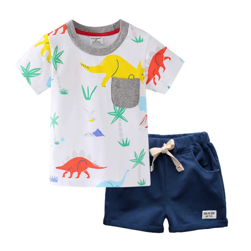 Biniduckling verano moda niños ropa para niños camiseta + pantalones cortos o-cuello dinosaurio algodón ropa para niños conjuntos x0802