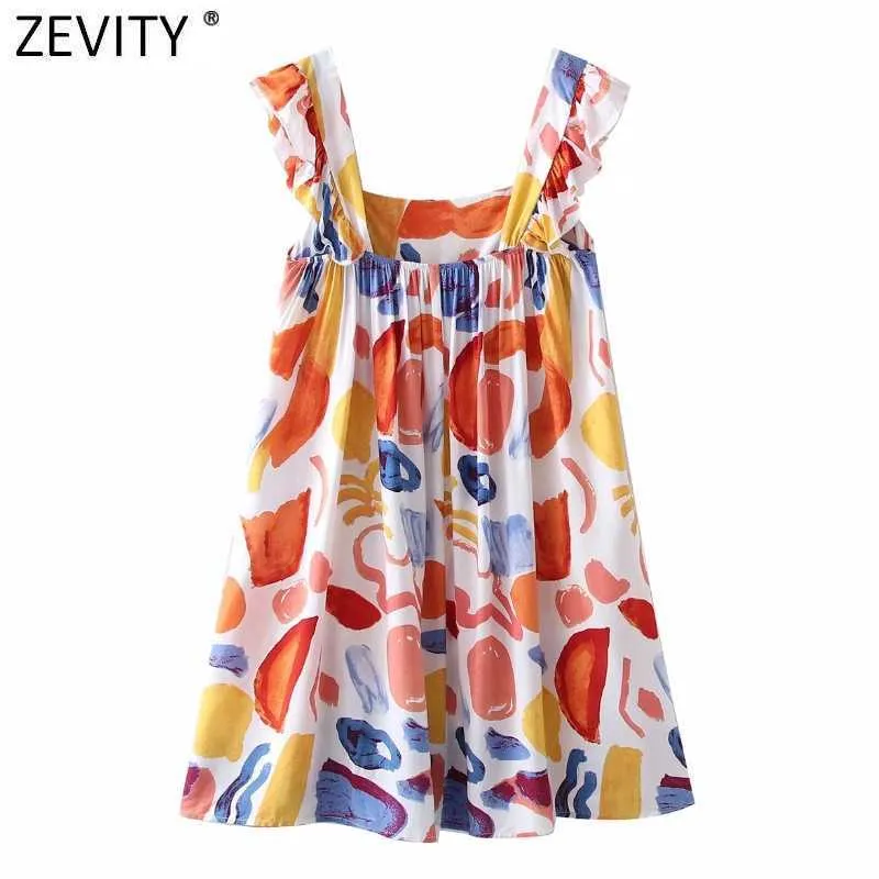 Zevity Femmes Vintage Col Carré Plissé Volants Graffiti Imprimer Mini Robe Femme Casual Robe Chic Beach Style Robes DS8384 210603