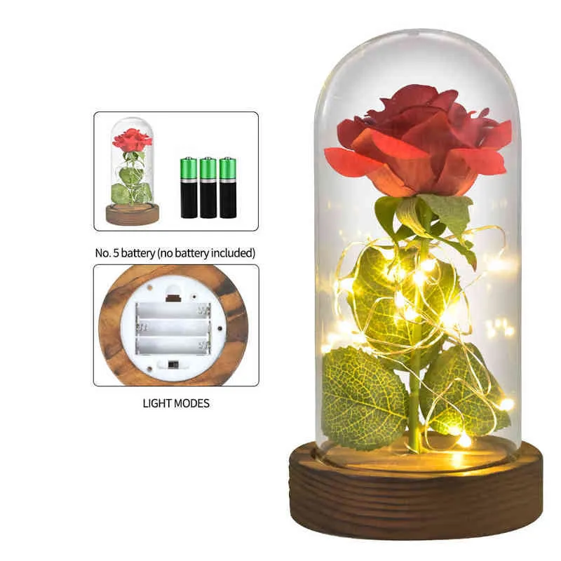 Geschenke für Frauen Ewige Rose in Glaskuppel Künstliche ewige Blume LED-Licht Die Schöne das Biest Valentinstag Muttertag Weihnachtsgeschenke für Frauen Y211229