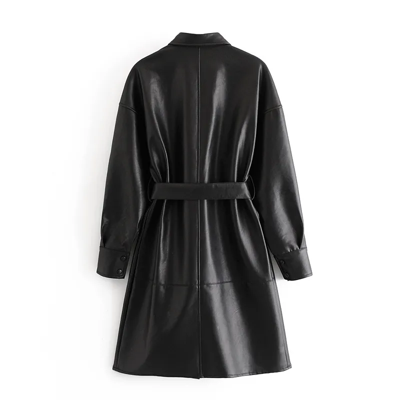 Cool PU Leather Long Jacket Women Loose Belt Giacca a vento Trench Slim Autunno e inverno 210520