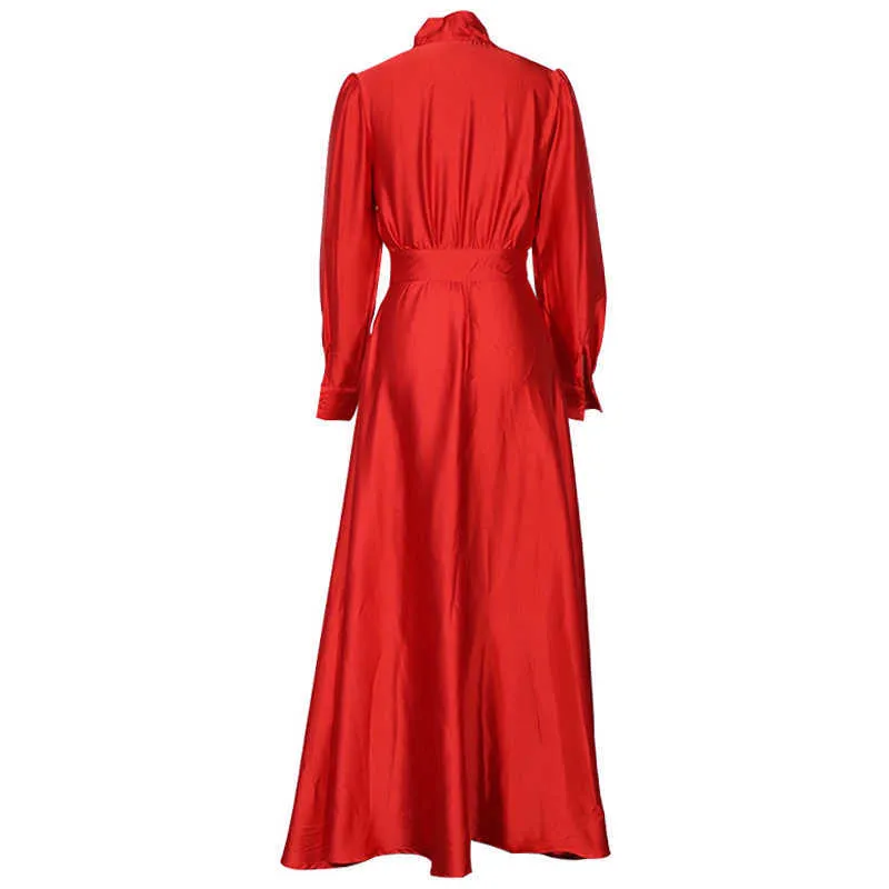 Eleganckie damskie sukienki imprezowe Długie rękawie Sukienki Temperament Kobiety stały kolor kołnierz motyla długa sukienka żółta czerwona i Blac265o