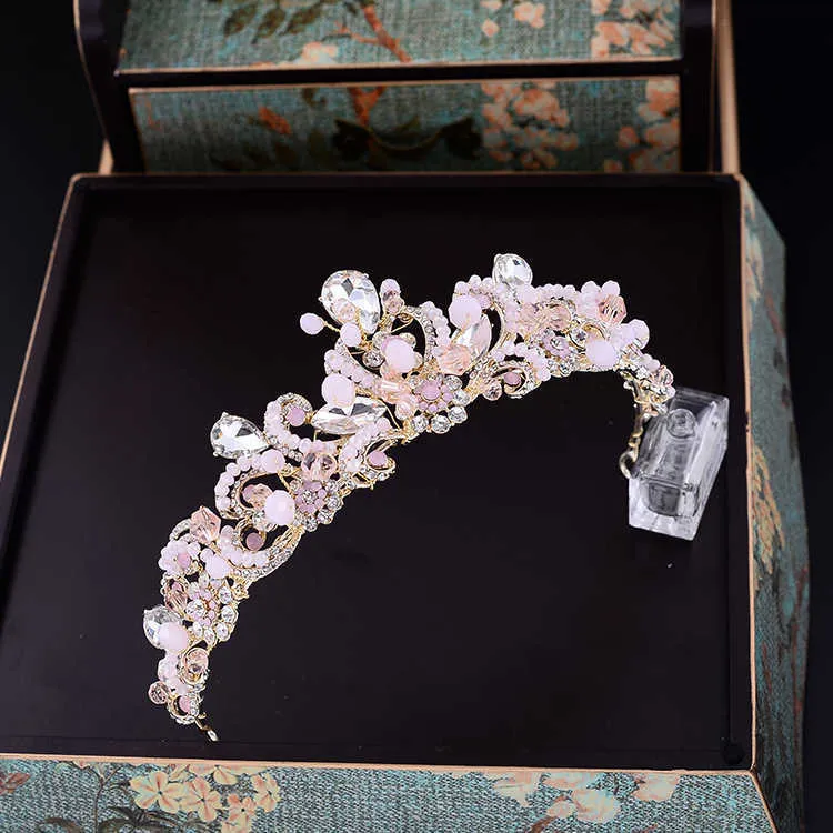 Doux rose cristal mariée casque chaîne mariage strass fleurs diadème couronne bandeau or demoiselle d'honneur cheveux bijoux H0827302m