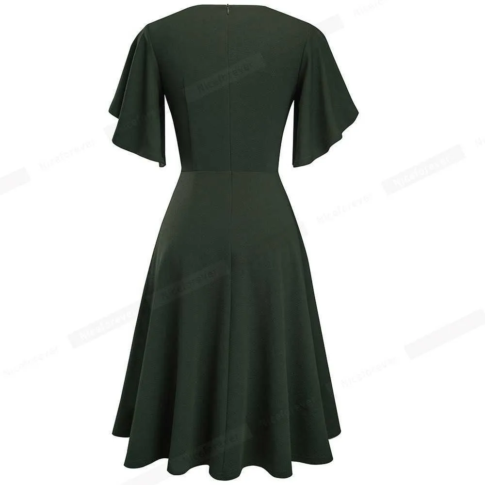멋진 영원히 여름 여성 솔리드 컬러 우아한 Peplum 슬리브 드레스 캐주얼 플레어 스윙 A-Line Dress A248 210608