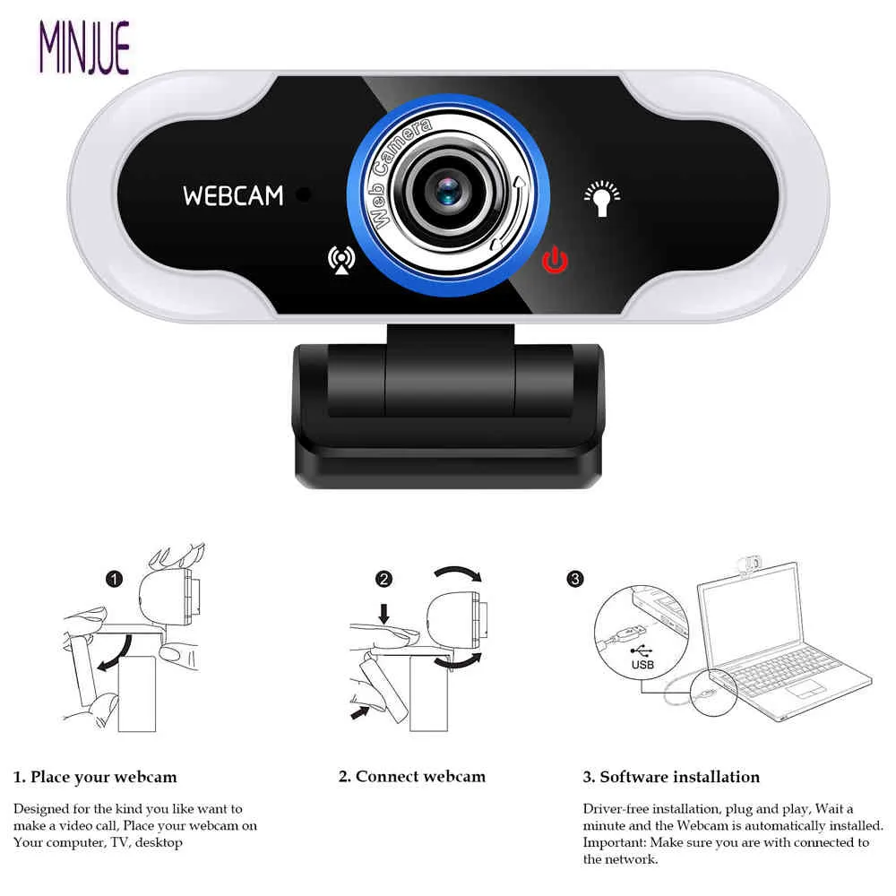 HD 1080p Cam Microphone PC Drive-free USB-webbkamera Datorkamera med LED-ringfyllningsljus Live Video