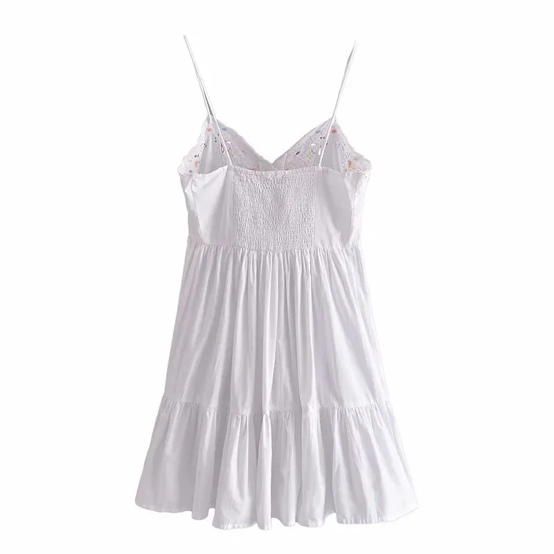 White Short Dress Woman Embroidered Floral Slip Mini Summer Women Cutwork Ruched Ruffle Beach Sexy es 210519
