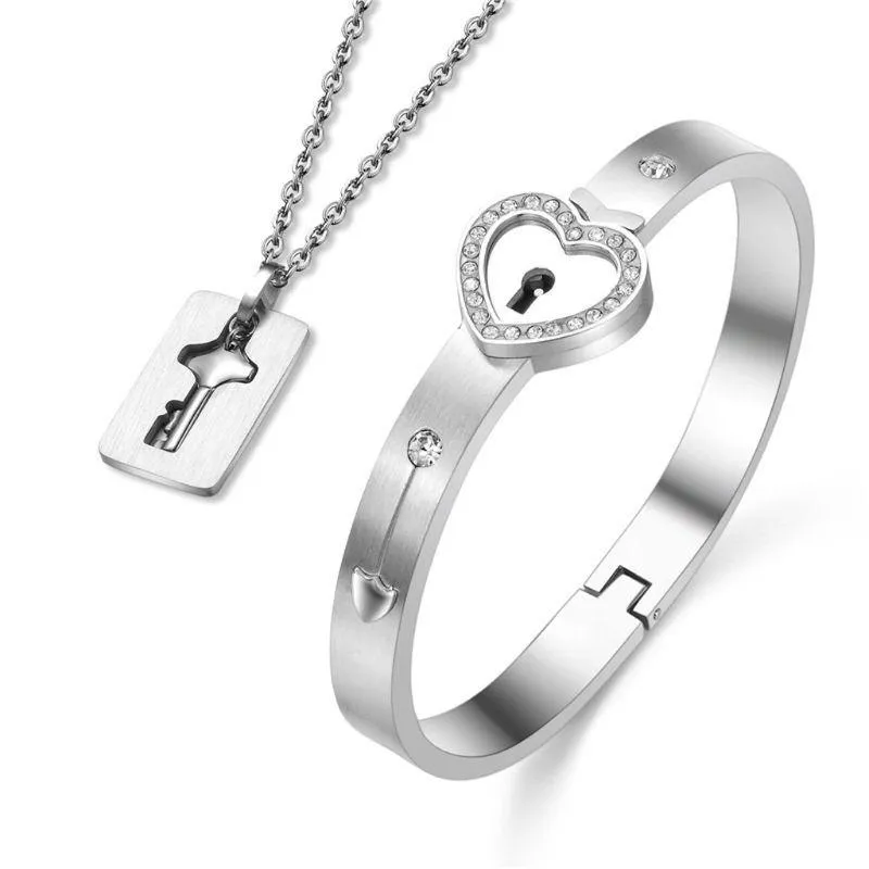 Titane acier amour Puzzle Couple coeur serrure clé Bracelet collier amant bijoux ensemble mode boucles d'oreilles 261d