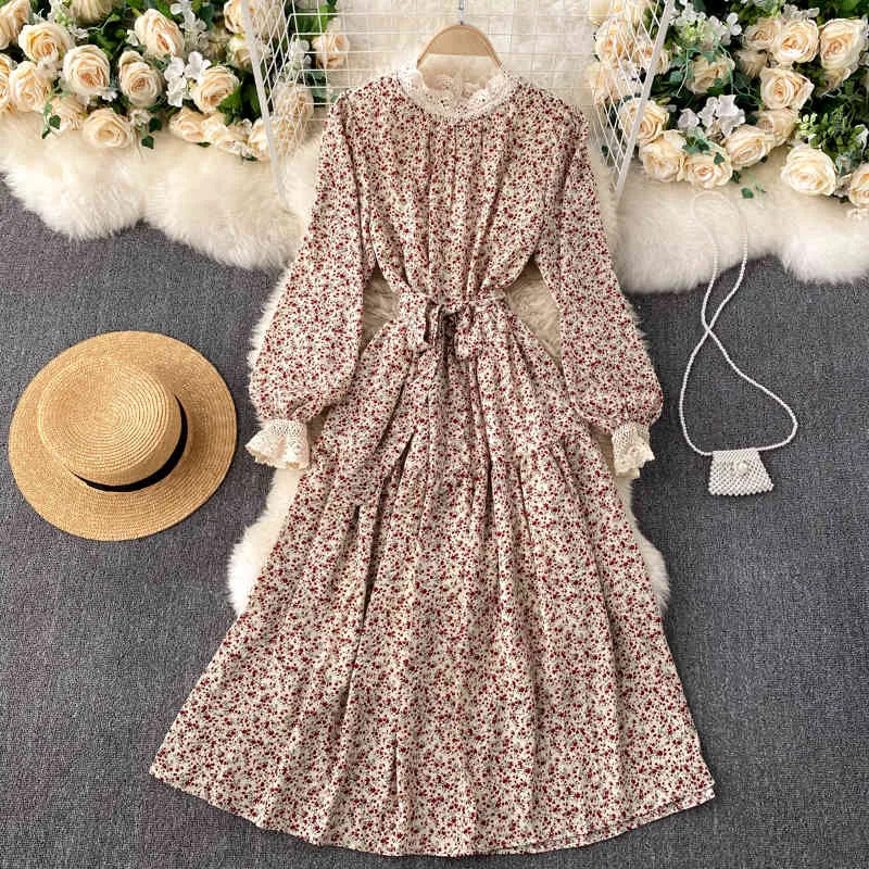 Lady Moda Vintage Slim Floral Print Boho Plaża Długa Sukienka Kobiet Rękaw Koronki Patchwork Eleganckie ubrania Vestidos 210514