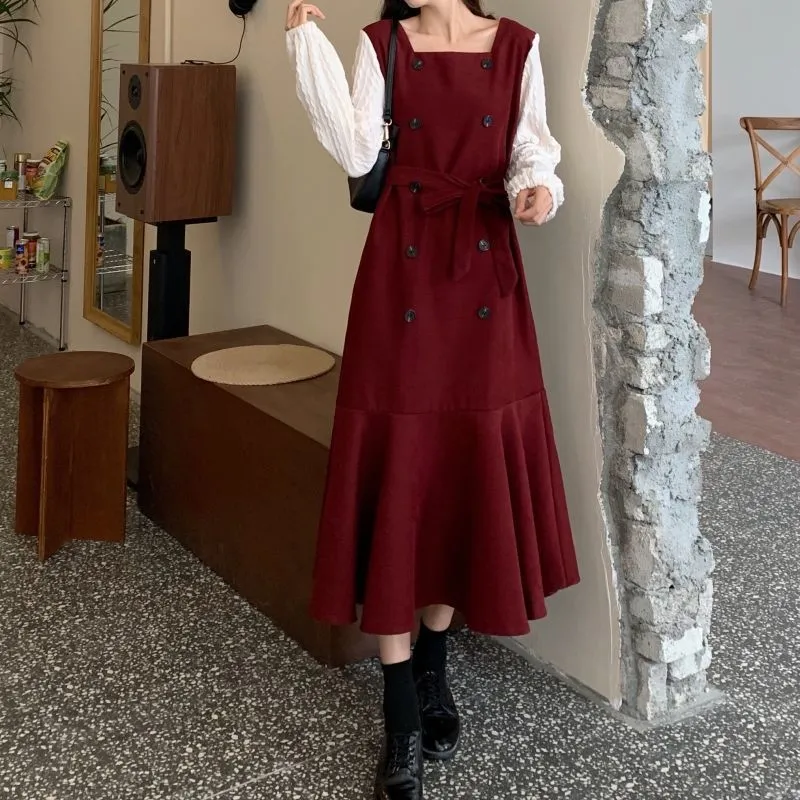Vestido de talla grande con botones y cuello cuadrado, vestido Vintage de retazos de manga larga para mujer, moda de primavera elegante para mujer, largo 210521