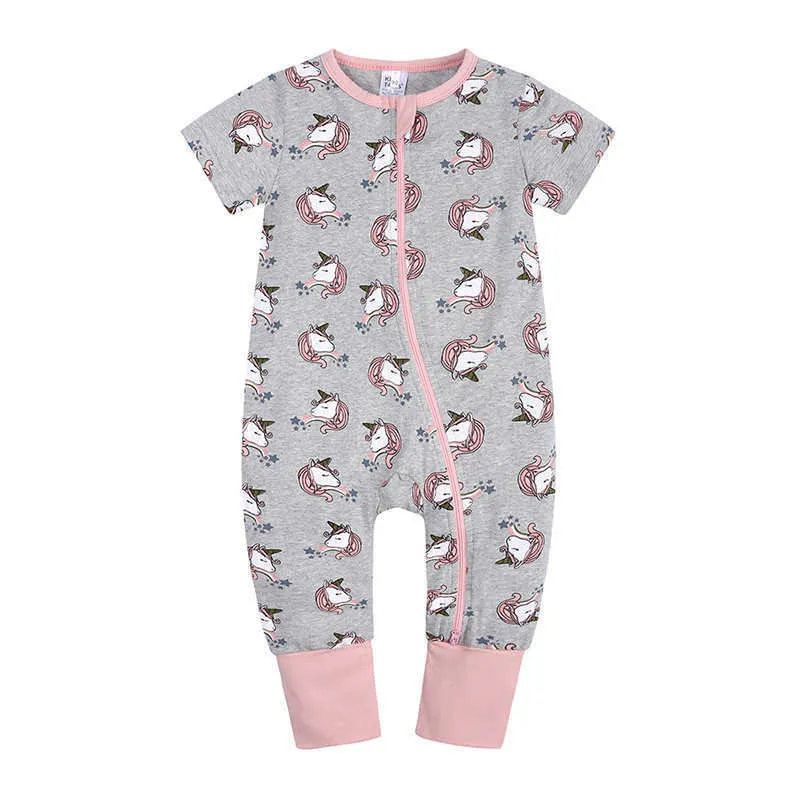 Bomull Baby Romper Nyfödd Zipper Kortärmad Tecknad Toddler Outfits 2021 Bodysuit för Babies Boys Tjejer Kläder 0-24m Sommar