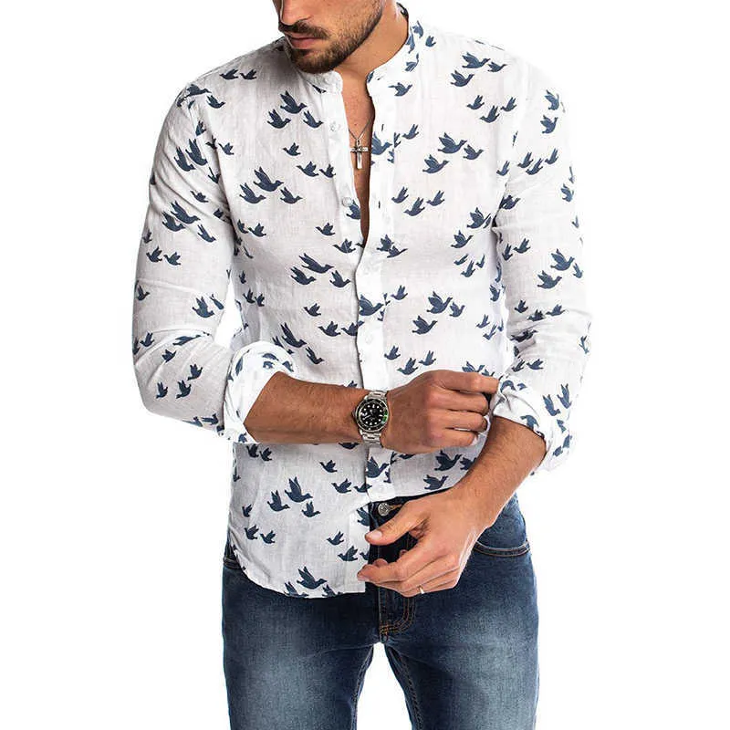 Mens Fashion Casual Printed Shirts Social Summer Hawaiian Slim Fit Button Down Korean Cut Collar Long Sleeve Male Business Beach 210721