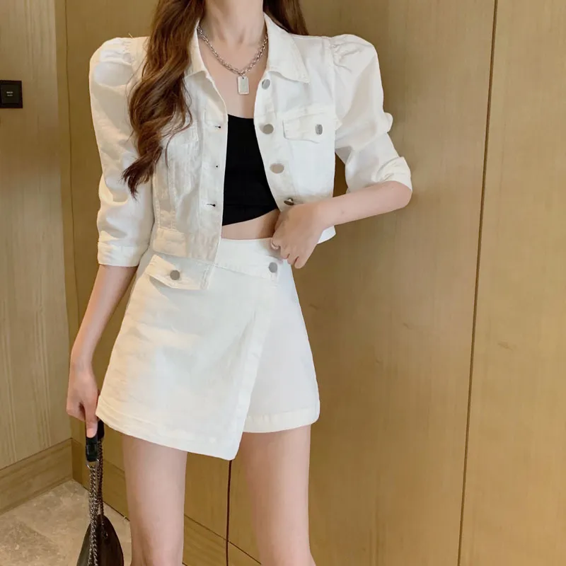 Koreanska sommar två stycken Set Elegant damer Lapel Puff Sleeve Single-breasted Jacket Top + High Waist Shorts Suit 210518