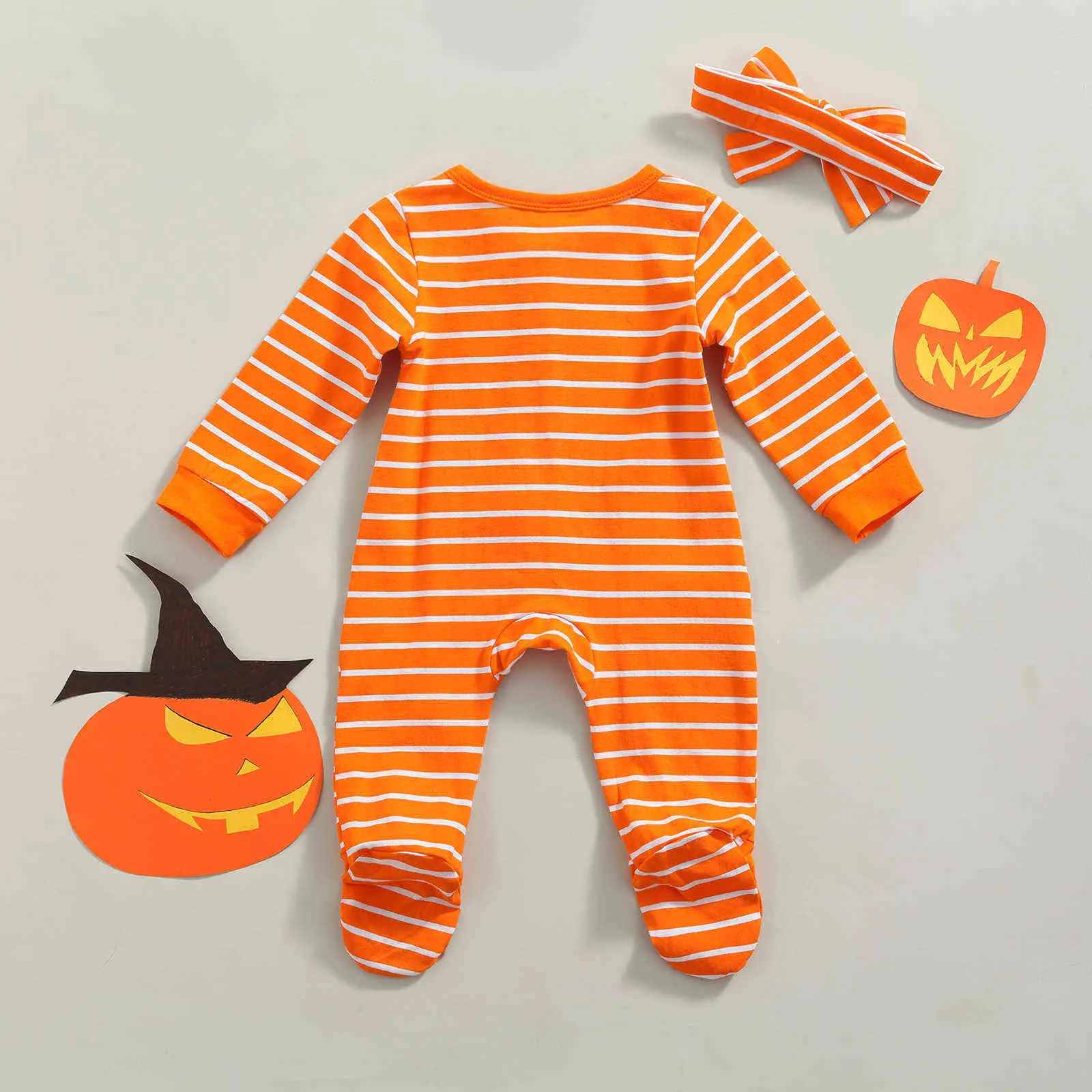 Mababy 3-12m 1e Halloween geboren baby babymeisje kostuums gestreepte pompoen jumpsuit schattige rompertjes partij kleding hoofdband D84 211101