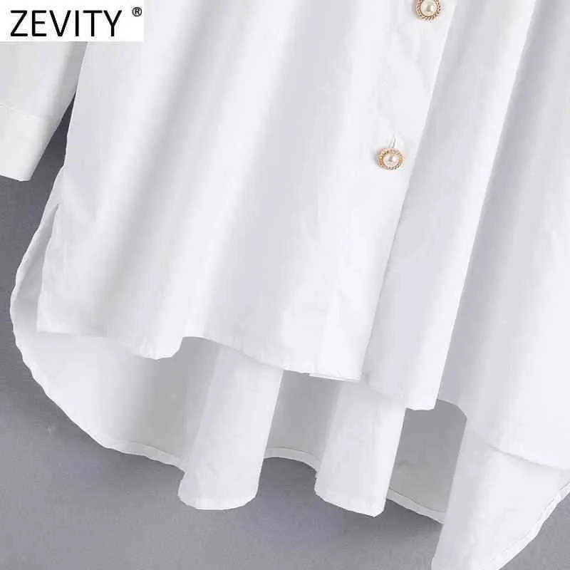 Blusa de popelina blanca con decoración de botones de diamantes a la moda para mujer, camisas holgadas de oficina para mujer, Blusas elegantes, Tops LS7408 210420