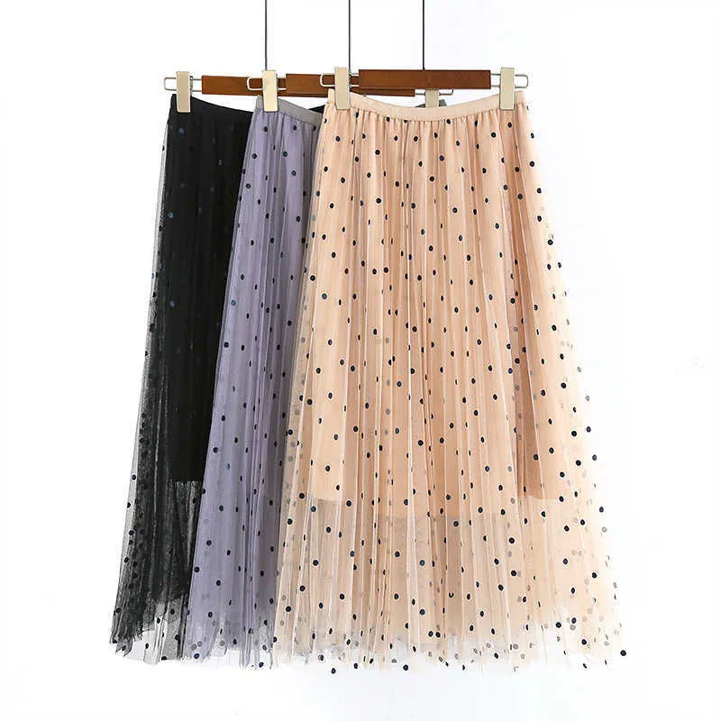 Uzun Şifon Polka Dot Etek İlkbahar Sonbahar Elastik Bel Tül Pileli Kadınlar Yaz Siyah Maxi S için 210708