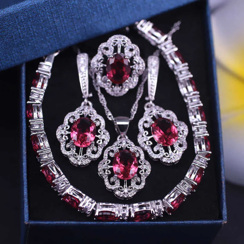 Романтический турецкий стиль розовый красный кристалл CZ серебристый цвет ювелирных изделий набор для женщин браслет серьги кольцо ожерелье набор H1022