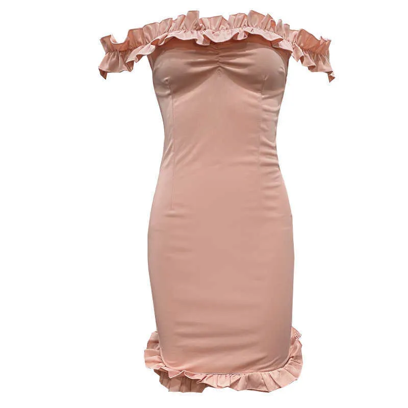 WOMENGAGA top estivi rosa Ruffle Slash neck slim mini abiti corti abito tinta unita nightclub donne coreane 721N 210603