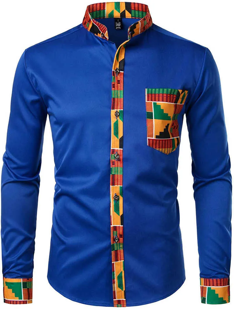 Heren hipster afrikaanse dashiki tribal grafische patchwork shirts slim fit lange mouwen mandarijn kraag shirt camisas mannen kleding 210721