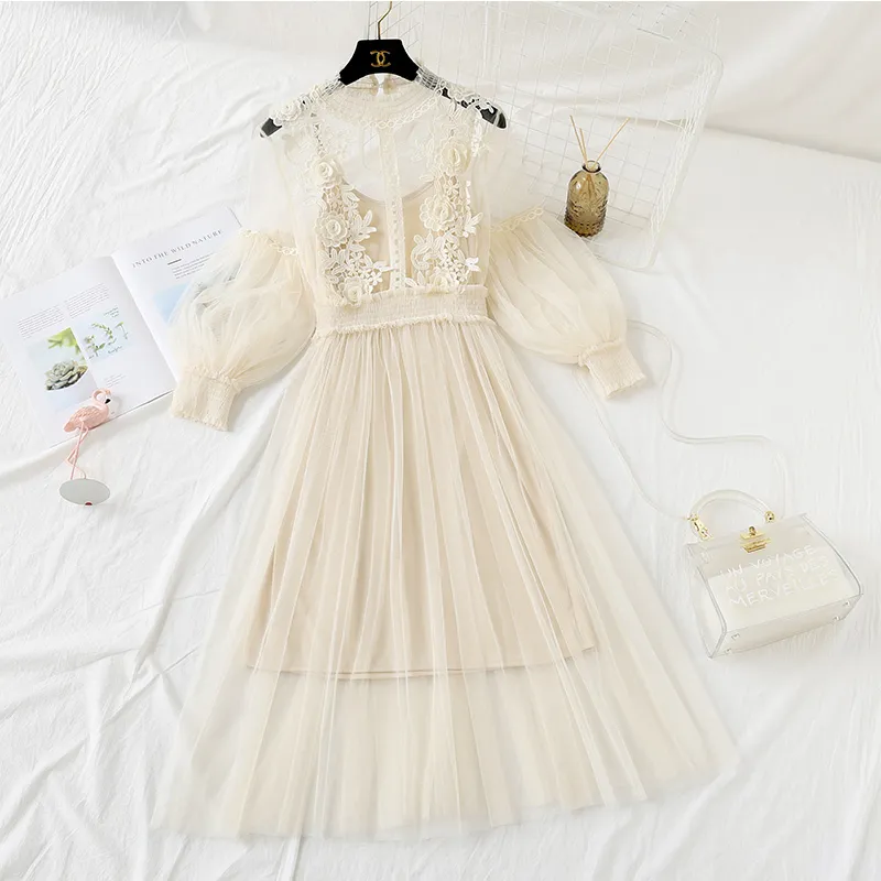 Women Fashion Dress Stand Collar Lantern Sleeve Mesh See-through Lace Embroidery Fairy Femme Vestidos Robe 11767 210427