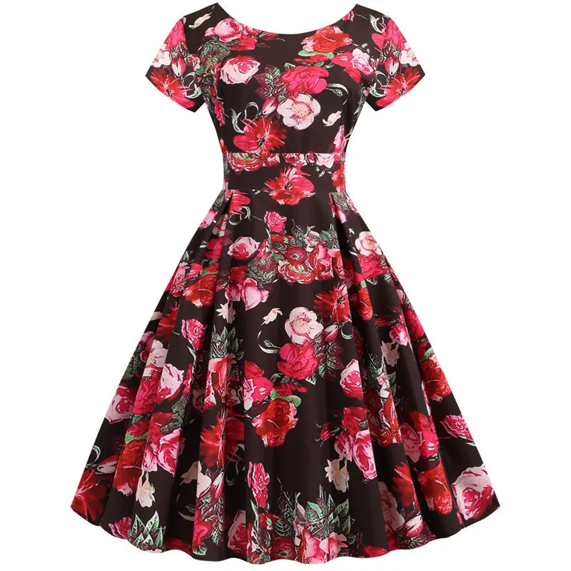 Lato Floral Print Elegancka A-Line Party Dres Slim Biały Krótki Rękaw Swing Pin Up Vintage Dresses Plus Size Robe Femme 220311