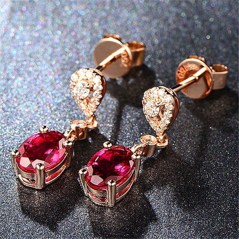Pendientes para mujer Cuelga cristal chapado en plata diamante rojo oro rosa de 18 quilates estilo gota larga
