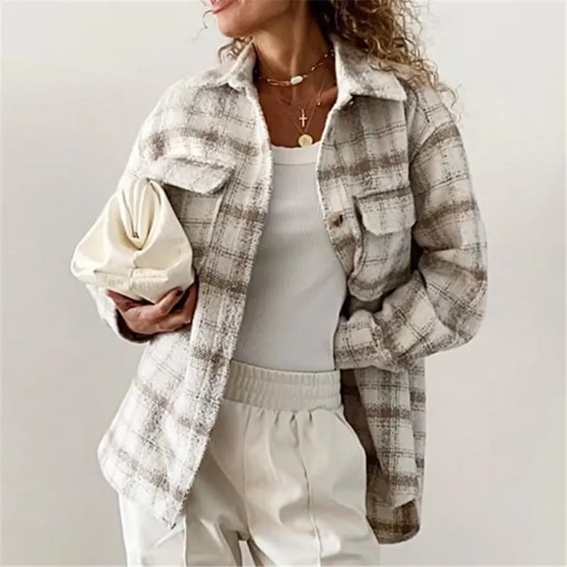 BLSQR Women Oversize Tweed Plaid Jackets Autumn Fashion Ladies Soft Coats Elegant Girls Chic Pocket Tops Outerwear 210430