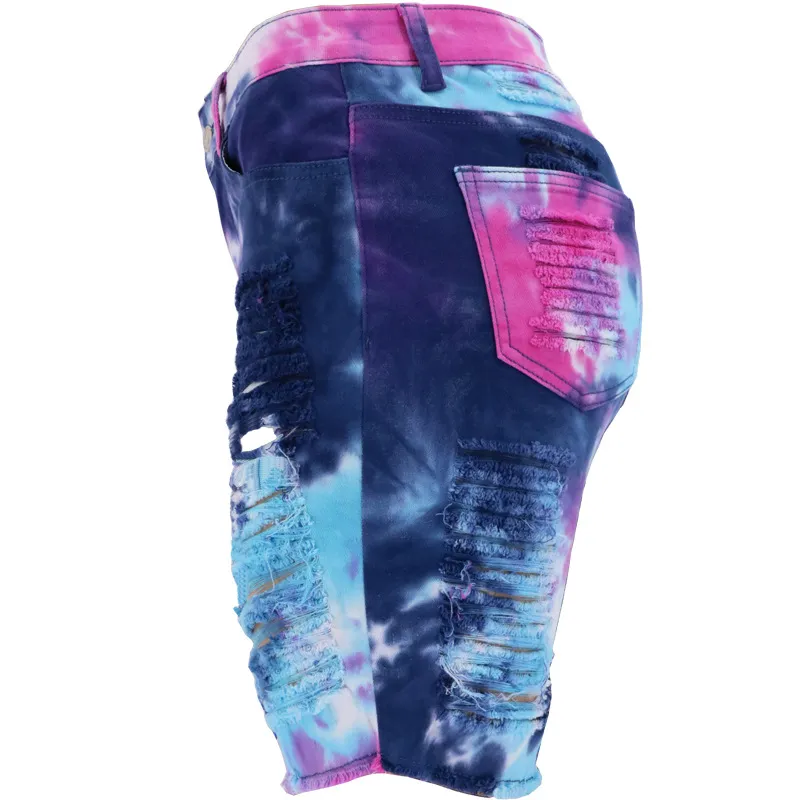 Jeans d'été européens et américains pour femmes taille haute tie-dye déchiré pantalon court