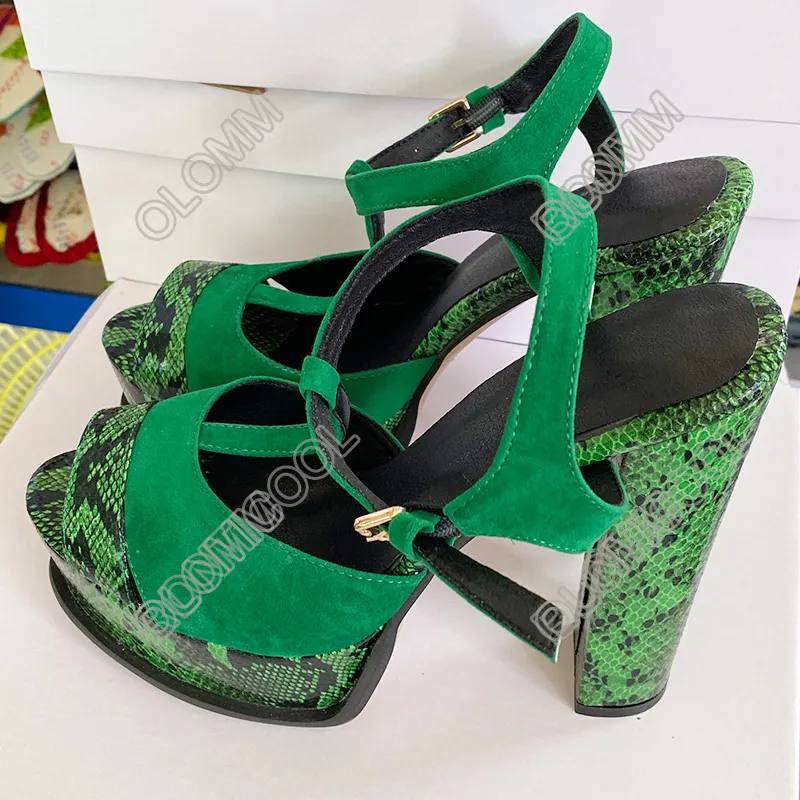 Rontic femmes été plate-forme Mules sandales Sexy serpent motif carré talons hauts bout ouvert jolie vert chaussures de fête taille américaine 5-20