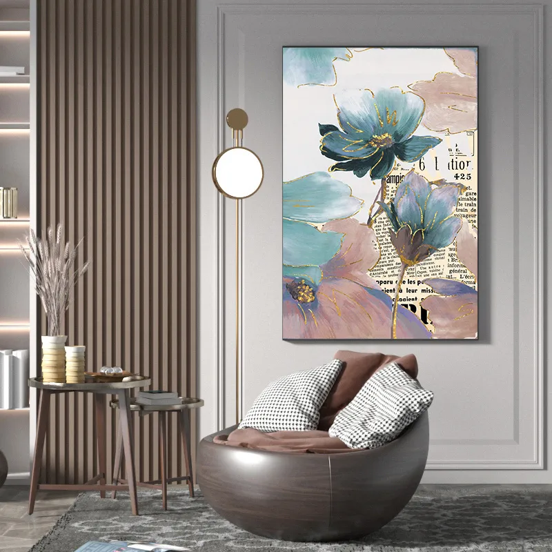 Arte in stile nordico Cuadros Stampe Decorazioni murali Dipinti su tela Fiori rosa blu Poster Linee dorate Decorazioni la casa floreali