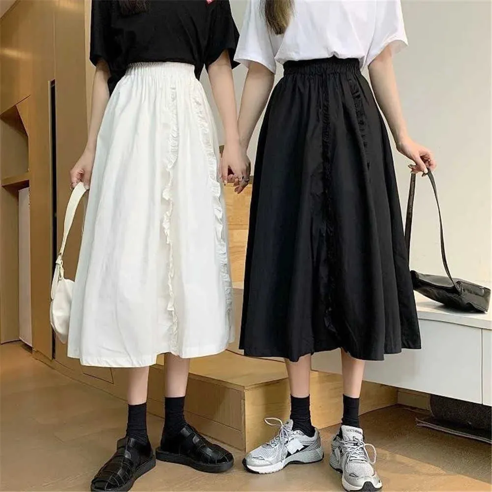 Zoete Japanse gegolfde geplooide rok vrouwen hoge taille BF losse casual lange rok zwart witte zomer wilde student streetwear 210619