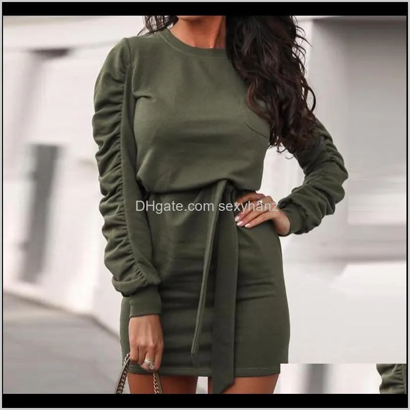 fnoce 2021 autumn women`s dresses streetwear fashion casual solid long sleeve o-neck slim elegant mini dress (includes belt)