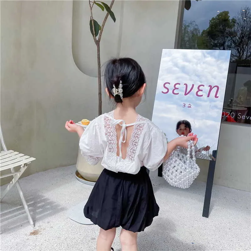 Korean Style Summer Kids Girl 2-pcs Sets White Lace V-neck Shirts + Black Pumpkin Shorts Children Clothes E8032 210610