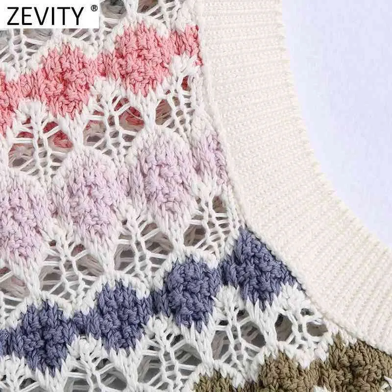 Kvinnor Fashion Hollow Out Färgglada Crochet Kort Stickning Sweater Lady Ärmlös Casual Slim Crop Pullover Tops SW826 210420