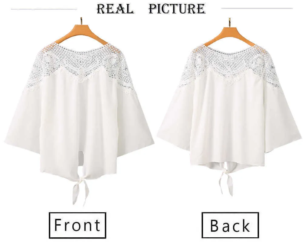 Fashion Solid Color T-Shirts Women Summer Hollow Out Lace Splicing Bow Decor See Through O-Neck Three Quarter Sleeve Loose Tops 210526