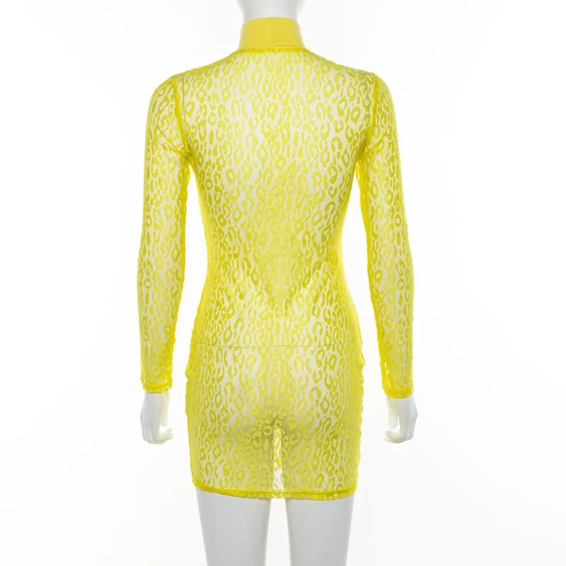 Kvinnor Snygg Mesh Print Sexiga Klänningar Perspektiv Neon Yellow Fashion Mini Bodycon Slim Club Vestidos Robes Långärmad 210517