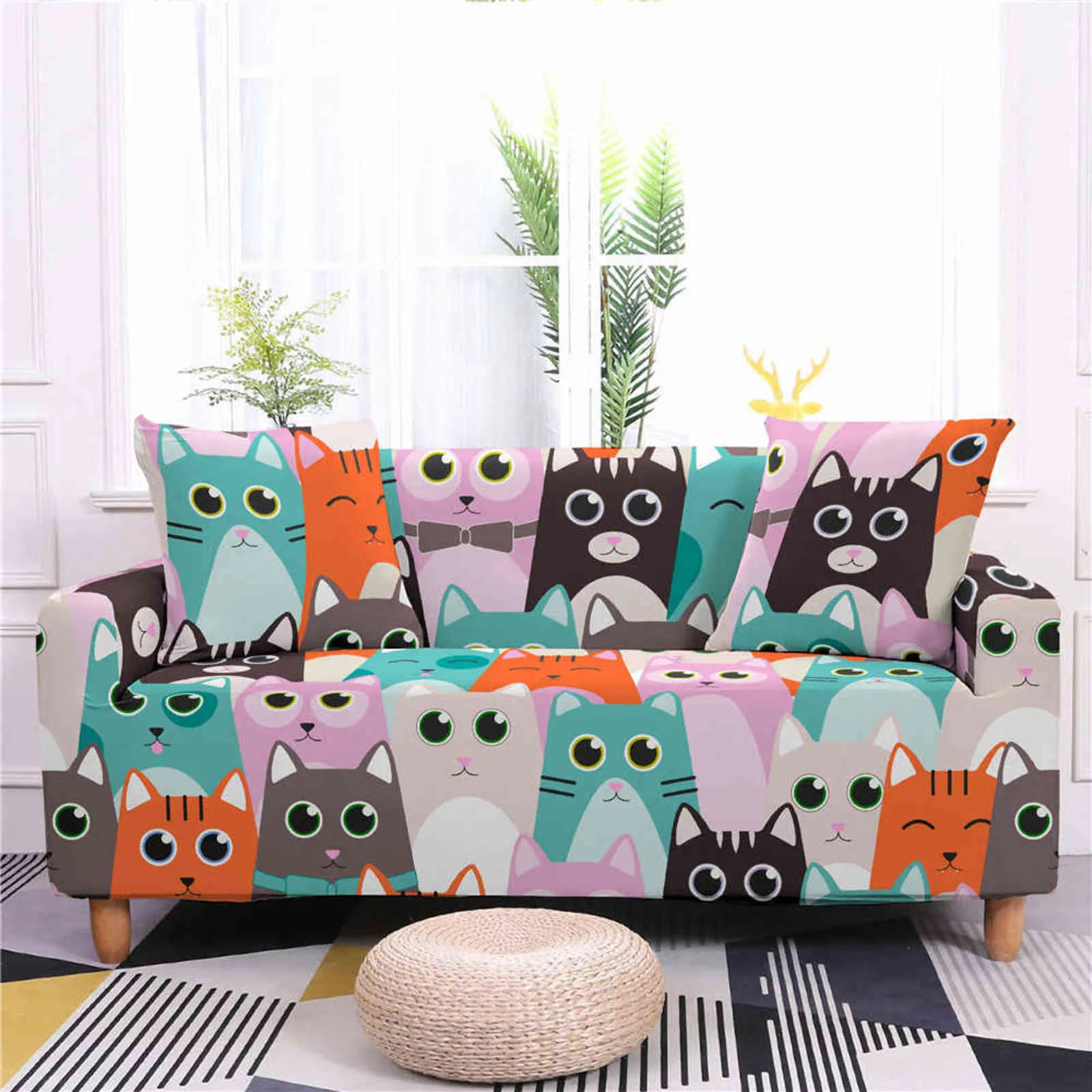 Capa de sofá-cama de gatos bonito para a cadeira da sala de visitas 1/2/3/4 slipcovers elásticos de lugares todos os cantos ajuste de estiramento de móveis 211116