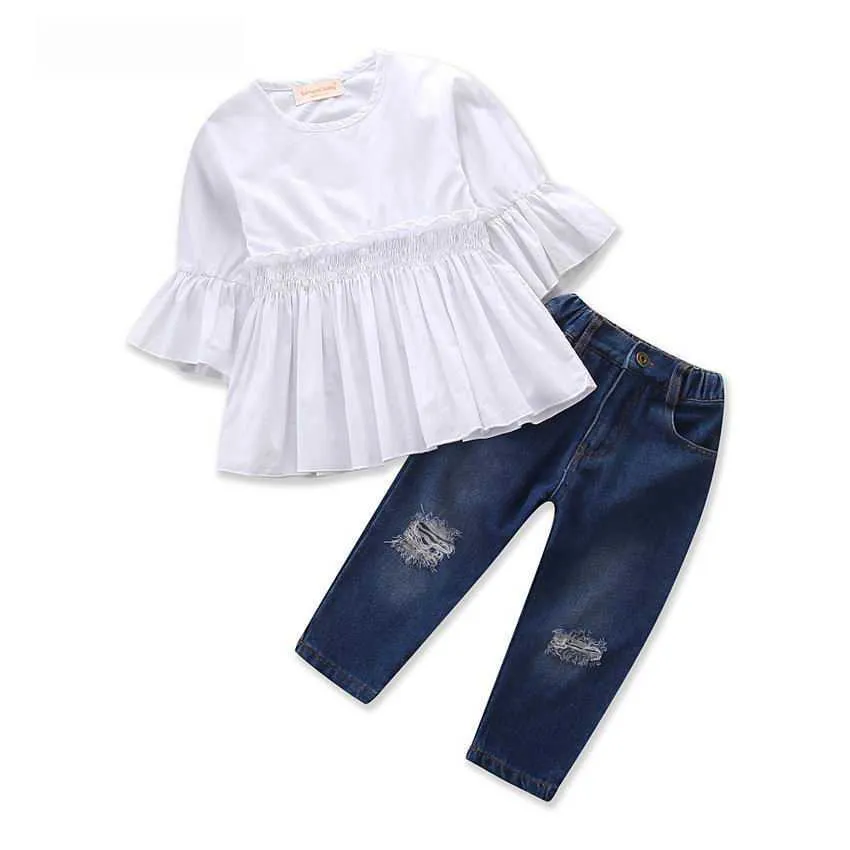 Retail Girl Summer Clothes Sets Half Sleeve Ruffle Shirts + Jeans Två Piece Fashion Sister Outfits Kids 2-7 år E18008 210610