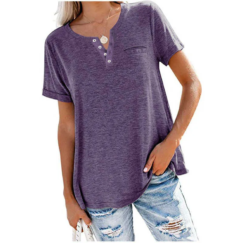 Frauen T-shirt Mode Solide V-ausschnitt Taste Slim T-shirts Sommer Kurzarm Brust Taschen Tops Casual Schwarz Blau 210526