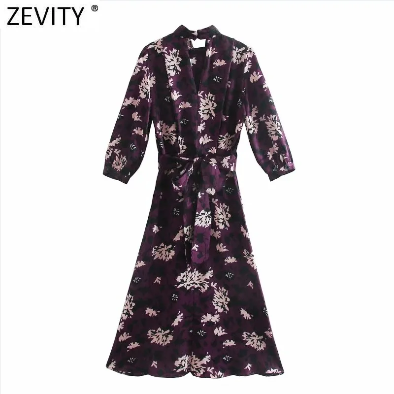 Kvinnor Vintage Stand Krage Blomma Tryck Båge Sashes Midi Klänning Kvinna Platser Puff Sleeve Casual Slim A Line Vestido DS4827 210420