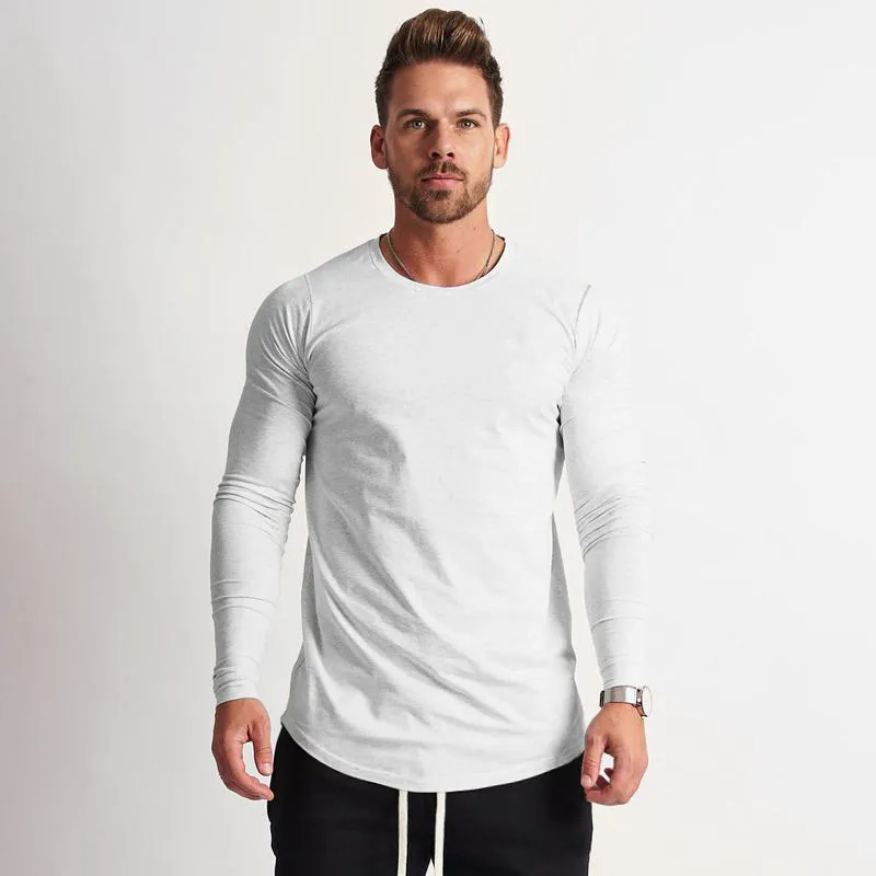 Nowy Klasyczny Solidny Z Długim Rękawem T Shirt Męski Moda Marka Odzież Casual Slim Fit Fitness Stretch Cotton O Neck T-shirt Male 210421