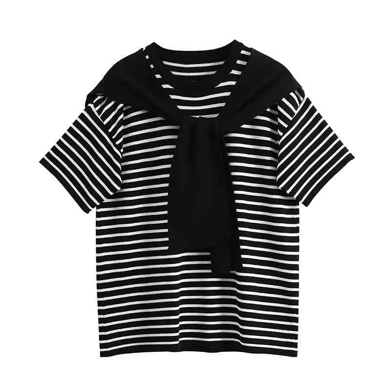 Kimutomo Striped поддельных двух частей футболки шали женские летние с коротким рукавом O-образным вырезом свободного повязки топ трикотаж корейский шик 210521