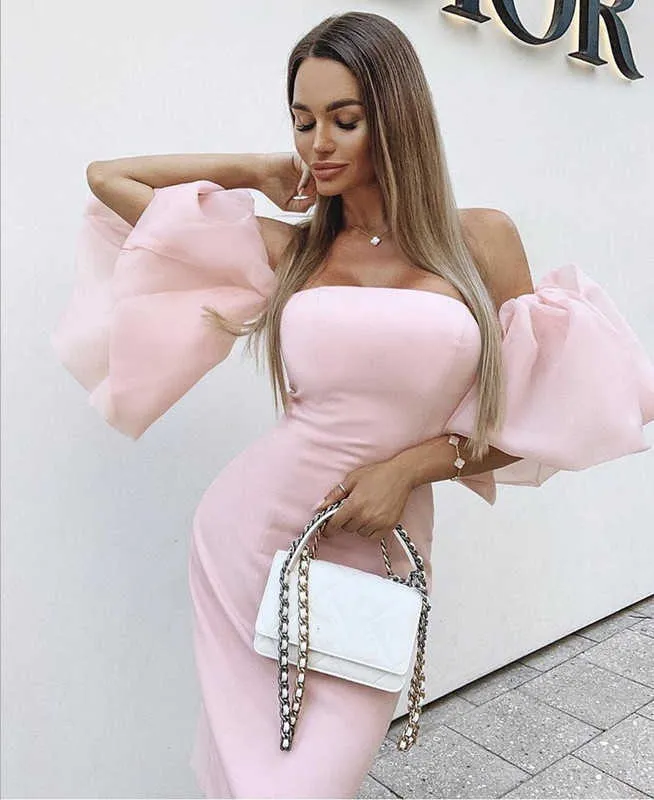 Arrivo Donna Sexy Designer con spalle scoperte Abito fasciato rosa da donna Prom Elegante aderente Party Vestido 210527