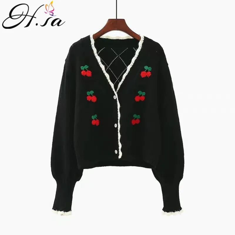 Kobiety Knit Cardigans Cherry Haft Casual Sweter Poncho Cute Ruffles Kurtka Argyle Odzież Odzież Topy 210430