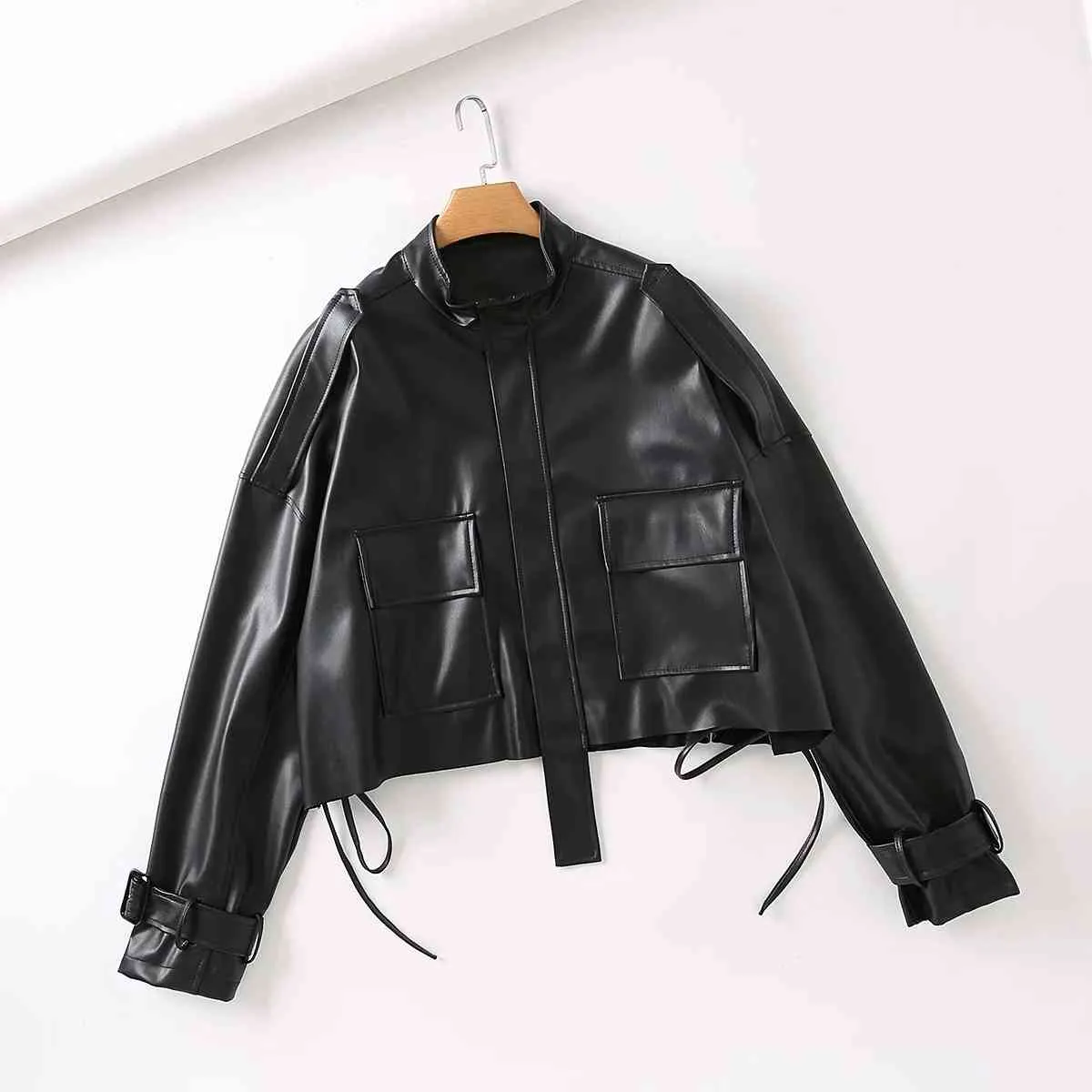 Foridol faux läder svart kappa vinterkläder kvinnor streetwear cropped biker coat fleece ruched pu bomber kort jacka 210415