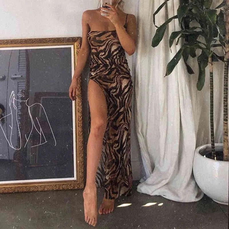 Sommar tiger print sexig en axelparti klubb klänningar ärmlös slank split lång vestidos elegant vintage backless klänning 210517