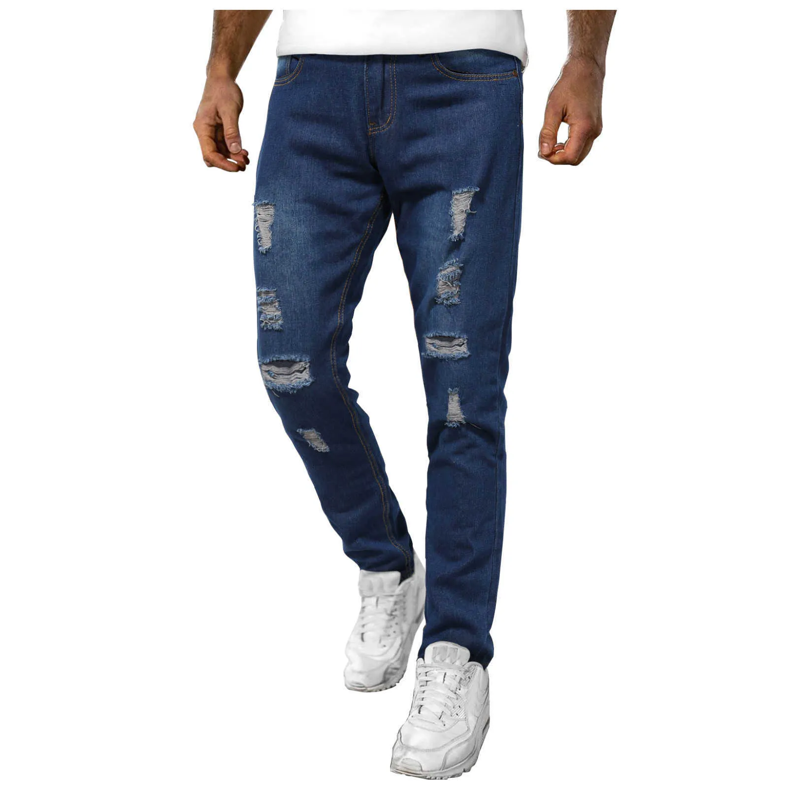 Hommes Casual Fitness Patchwork Bodybuilding Poche Peau Pleine Longueur Pantalon De Sport D'été Déchiré Lavé Pantalon Décontracté Jeans X0621