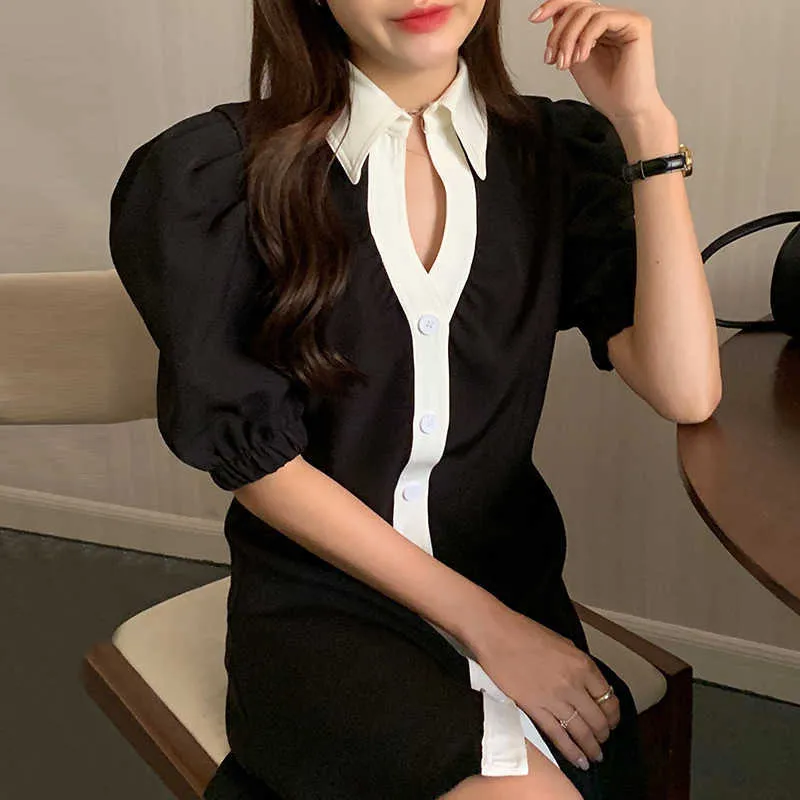 Korejpaa Kadınlar Elbise Yaz Kore Chic Bayanlar Mizaç Yaka Kontrast Renk Tek göğüslü Zayıflama Puf Kol Vestido 210526