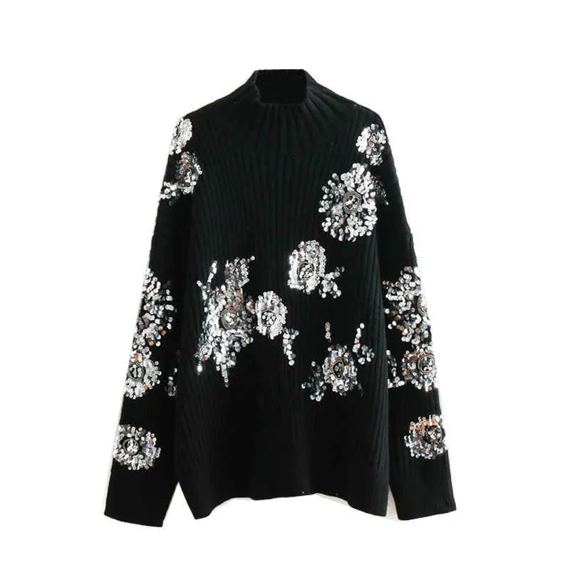 Za Kvinnor Mode Beading Sequins Lösa Stickade Tröjor Vintage High Collar Långärmad Kvinnlig Pullovers Chic Toppar 210602