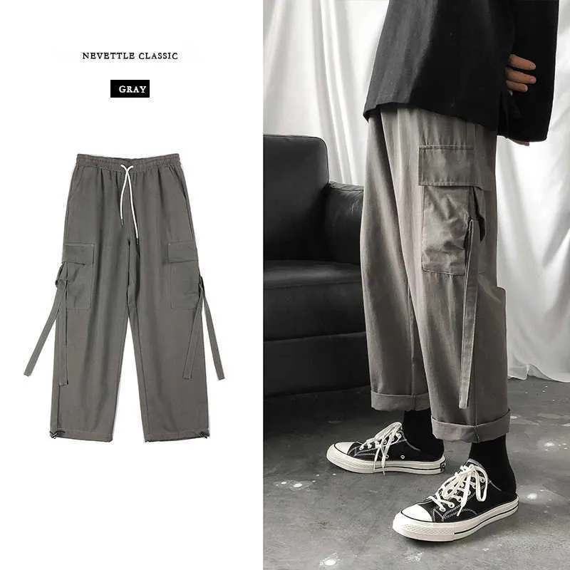 Pantalon Cargo Hommes Streetwear Hip Hop Pantalon Lâche Style Coréen Cheville Longueur Pantalon Salopette Taille Élastique Noir Gris Techwear Y0811