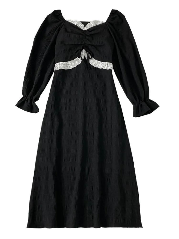 Kimutomo Hepburn Style Black Dress Kobiety Francuski Styl Moda Damska V-Neck Z Długim Rękawem Slim Elegancka Vestidos Spring 210521