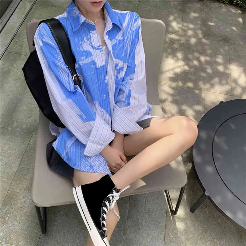 Korobov estate nuove donne camicette coreano manica lunga blu stampa blusas mujer collar di turn-down sorajuku shirt femminile 210430